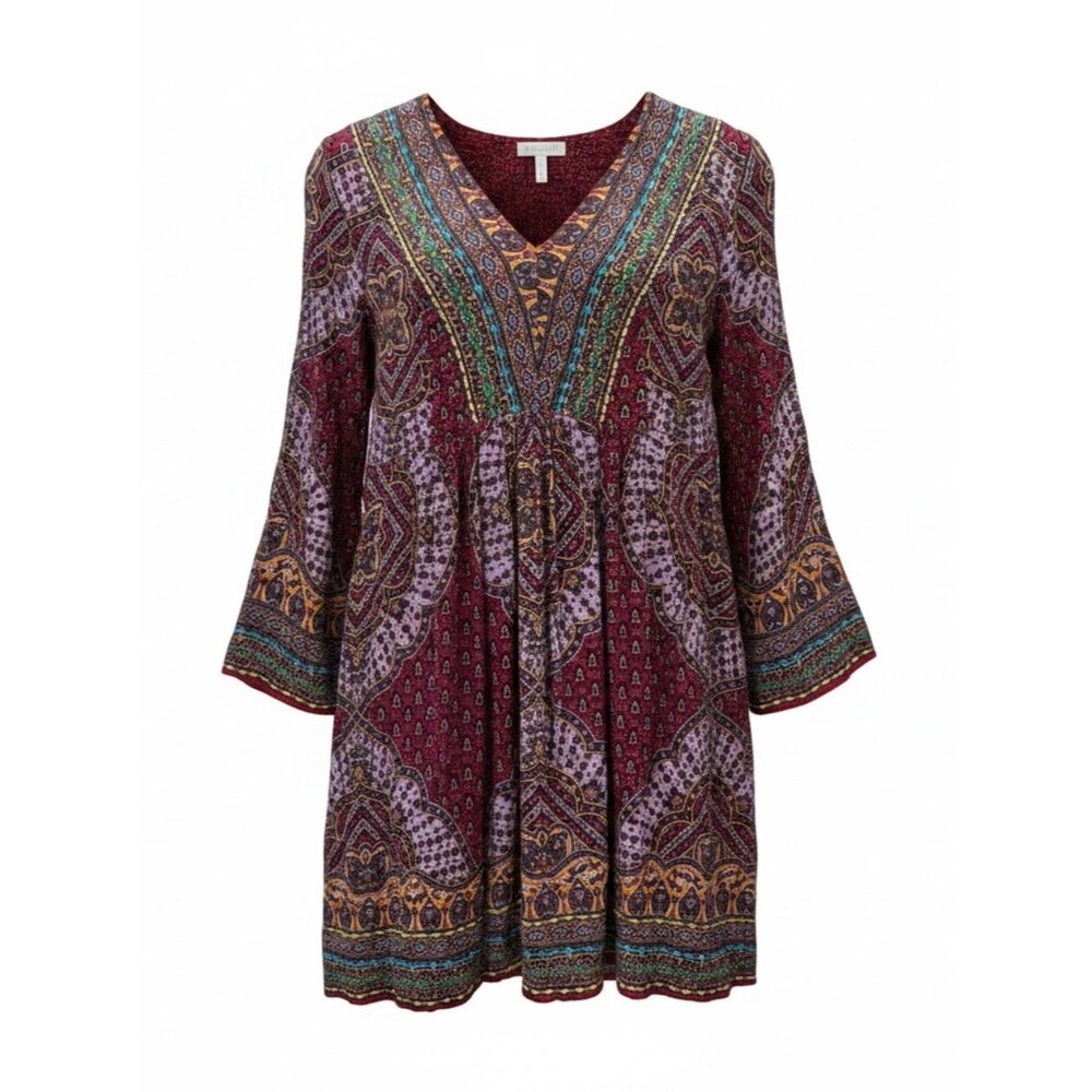 Anthropologie Indie Boho Burgundy, Purple and Teal Paisley V-Neck Mini Dress - M